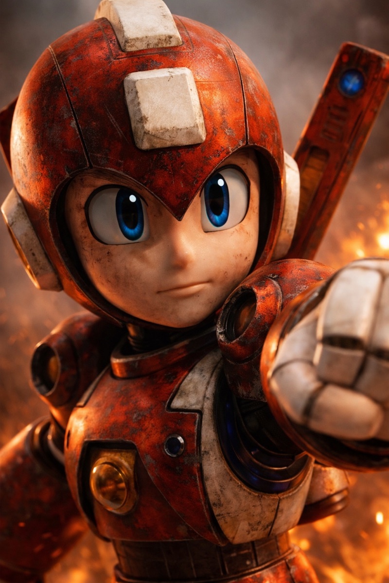 Mega Man close-up — rusted armor, buster raised