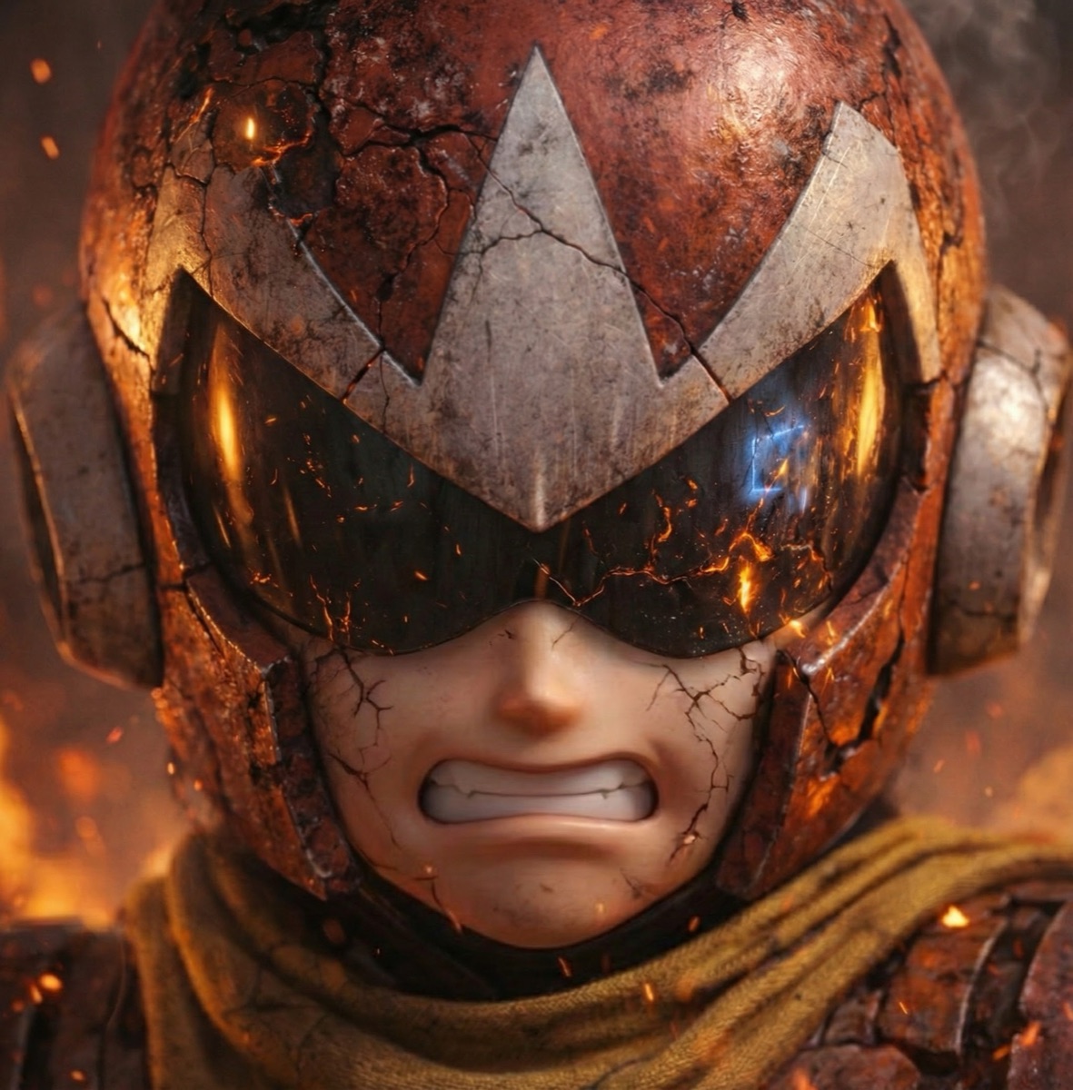 Proto Man close-up — cracked helmet, gritted teeth