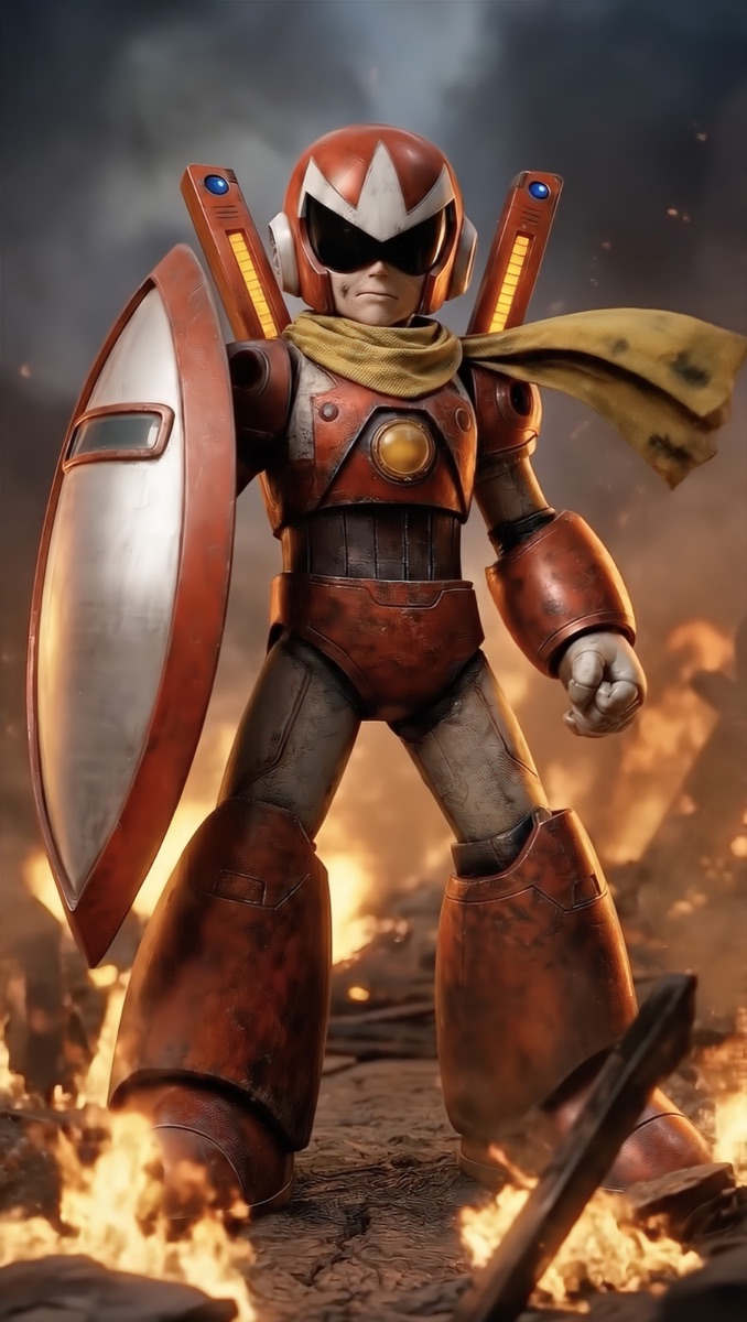 Super Proto Man — shield raised, walking through fire